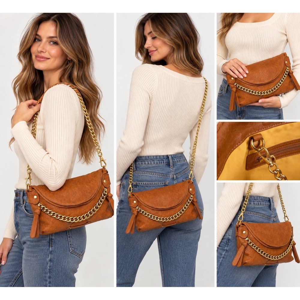 Isabella Fiore Brown Leather Clutch Shoulder Bag Gold Chain Crossbody VTG Y2K